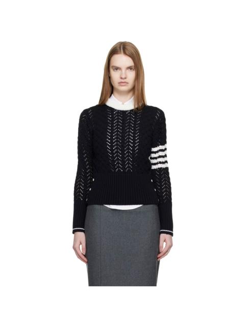 Thom Browne Navy Cable Pointelle Stitch Classic 4-Bar Sweater