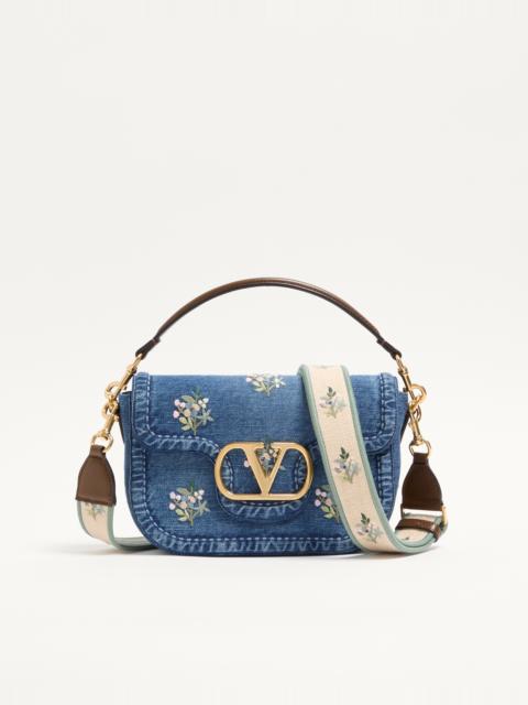 Valentino VALENTINO GARAVANI ALLTIME MEDIUM SHOULDER BAG IN EMBROIDERED DENIM WITH EMBROIDERED RIBBON STRAP