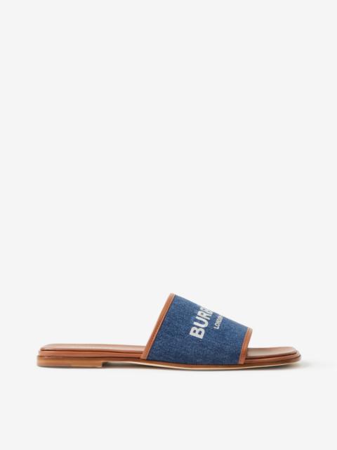 Label Print Denim and Leather Slides