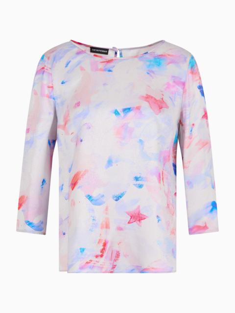 Blouse with three-quarter sleeves in satin crêpe with a watercolour-effect fancy print