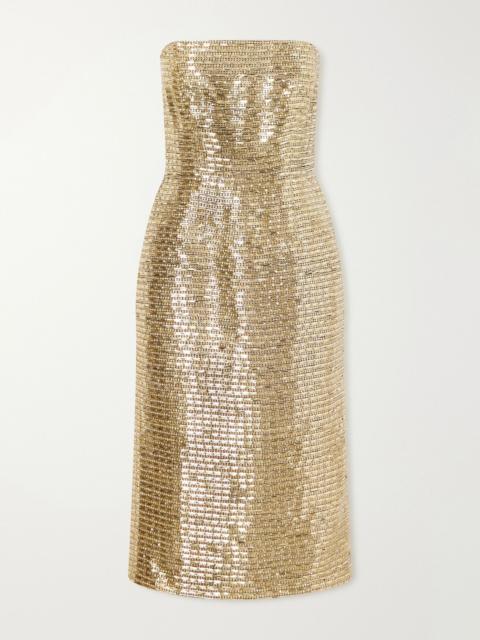 CAROLINA HERRERA Bustier embellished strapless silk-crepe midi dress Gold