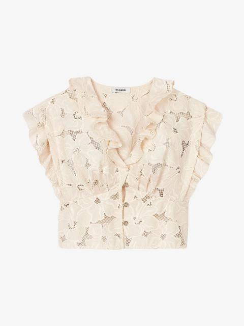 Sandro Frill-Trim Lace-Embroidered Cotton-Blend Top