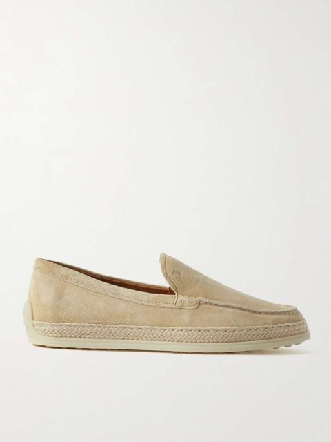 Raffia-trimmed suede loafers