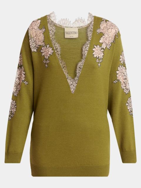 Valentino Lace-Inset Plunging Wool Sweater