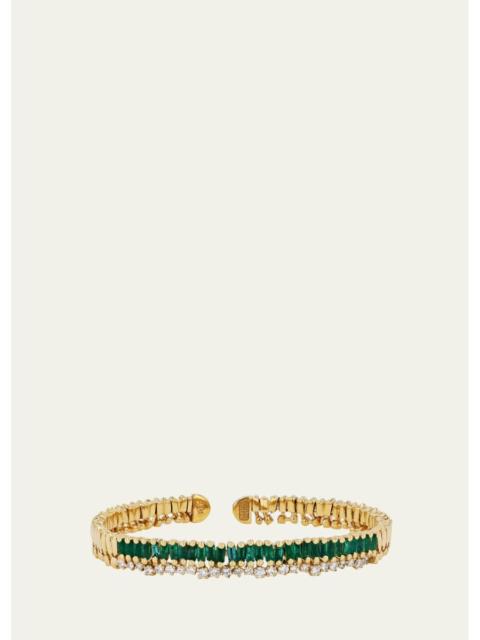 SUZANNE KALAN 18K Yellow Gold One Of A Kind Short Stack Bangle with Emerald Baguettes and Round White Diamonds