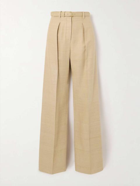 Edward belted pleated raw silk wide-leg pants
