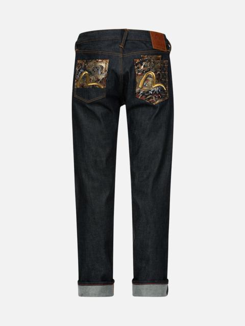 EVISU Seagull Embroidery and Brocade Patched Carrot Fit Denim Jeans #2017