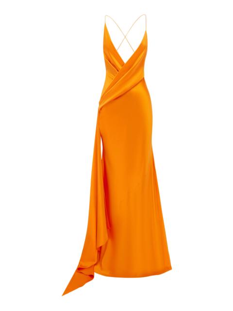ALEX PERRY Bikini Wrap Asymmetric Gown W/ Sash In Silk Satin orange