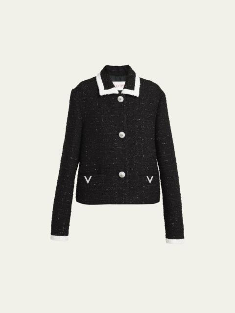 Valentino Metallic Tweed Contrast-Trim Collared Blazer Jacket