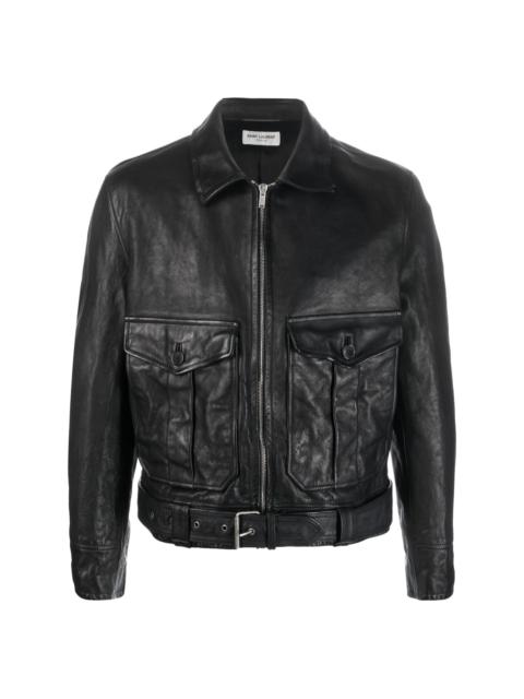 buckle-fastening cropped leather jacket