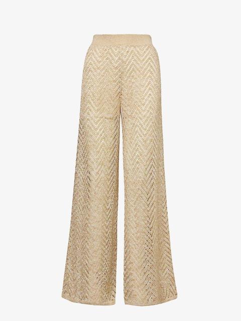 Chevron-pattern wide-leg high-rise knitted trousers