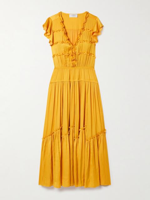 LA LIGNE Pintucked Ruffled Satin Midi Dress