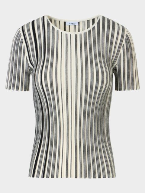 AKRIS Striped Rib Knit Short-Sleeve Sweater