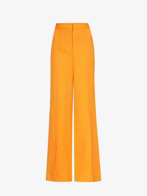 Structured-waistband flared-leg high-rise woven trousers