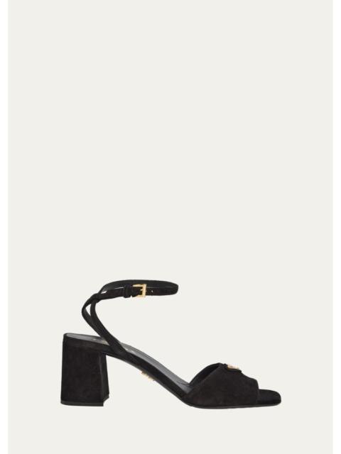 Prada 65mm Triangle Logo Suede Block-Heel Sandals