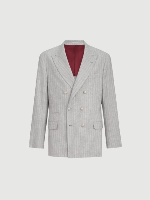 Brunello Cucinelli Virgin wool and cashmere chalk stripe flannel one-and-a-half breasted deconstructed blazer with meta