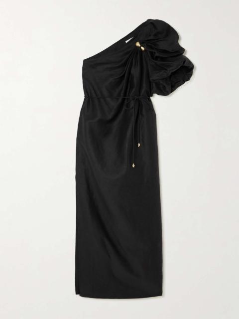 Aje. Cira one-shoulder embellished draped linen-blend maxi dress Black
