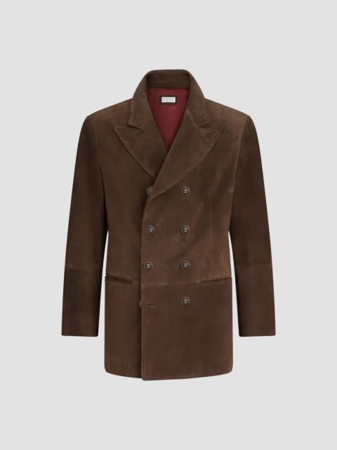 Brunello Cucinelli Men's Suede Blazer-Style Outerwear Jacket with Peak Lapels - Brown