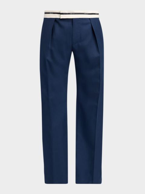 Alexander McQueen Men's Wool Stripe-Waistband Wide-Leg Pleated Trousers