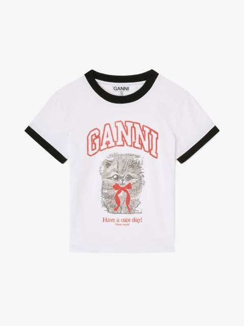 GANNI WHITE CROPPED KITTY T-SHIRT