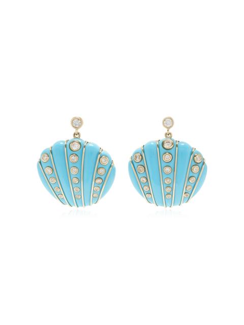 Yvonne Léon Exclusive Riviera 9K Yellow Gold Turquoise, Diamond Shell Earrings blue