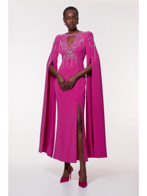 KAREN MILLEN Crystal Embellished Cady Woven Cape Maxi Dress