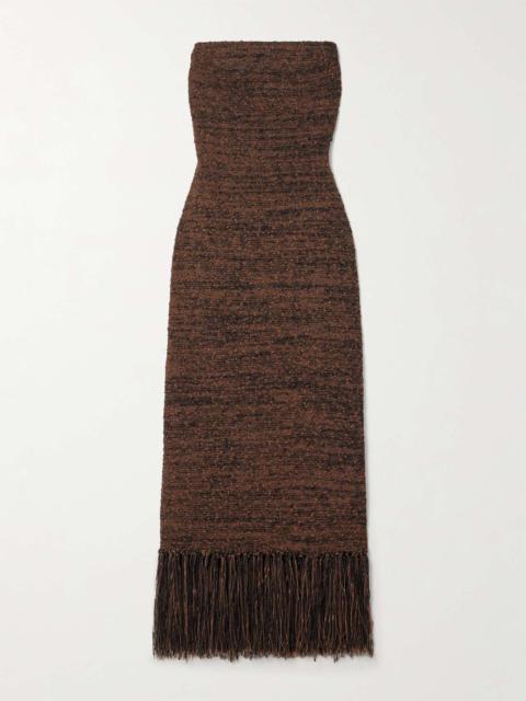FRAME Strapless fringed bouclé midi dress Light brown