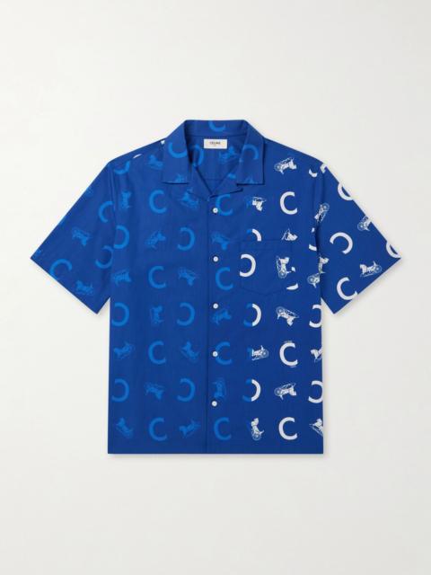 CELINE Camp-Collar Logo-Print Cotton-Taffeta Shirt Blue