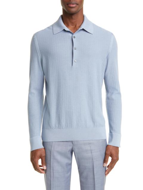 Cashseta Light Herringbone Long Sleeve Polo