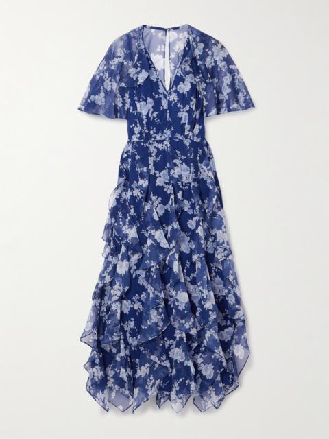 CAROLINA HERRERA Cape-effect Ruffled Floral-print Silk-crepon Midi Dress