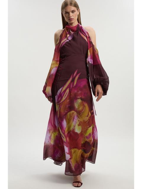 KAREN MILLEN Petite Lily Macrae Cold Shoulder Embellished Woven Maxi Dress