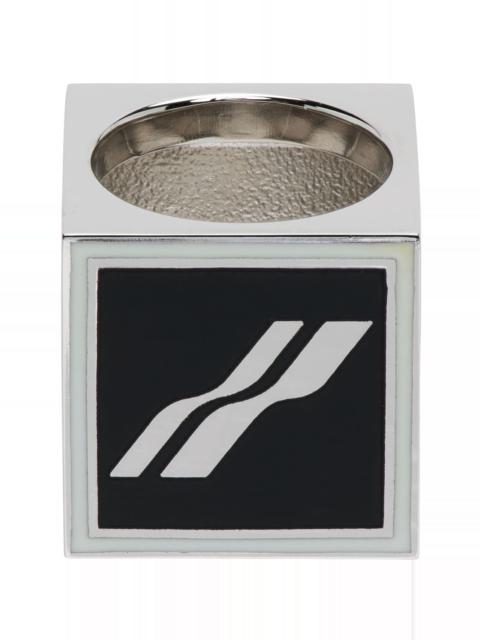 We11done Silver & Black Square Logo Dice Ring