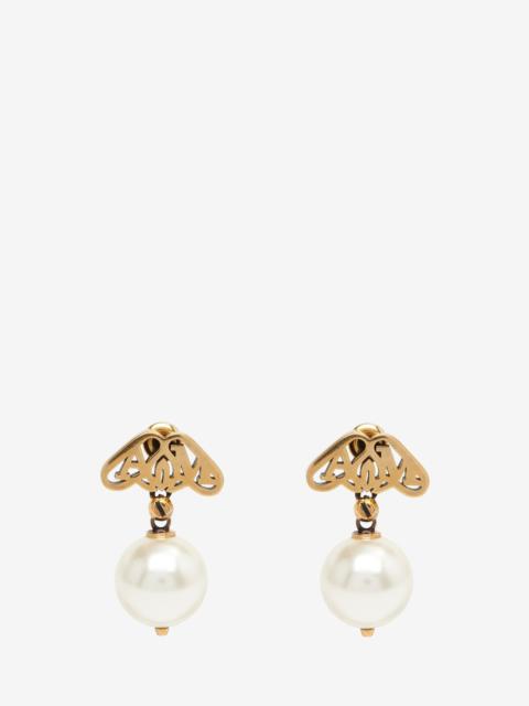 Alexander McQueen Women's Seal Logo Pearl Earrings in Gold