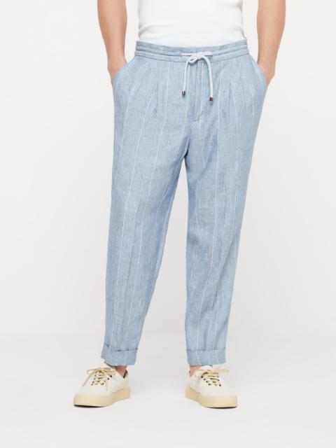 Linen wide chalk stripe leisure fit trousers with drawstring and double pleats
