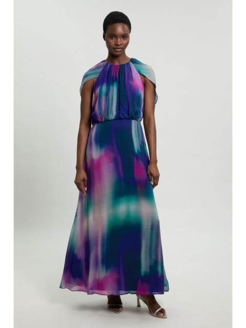 KAREN MILLEN Crinkle Georgette Cape Blur Print Woven Maxi Dress