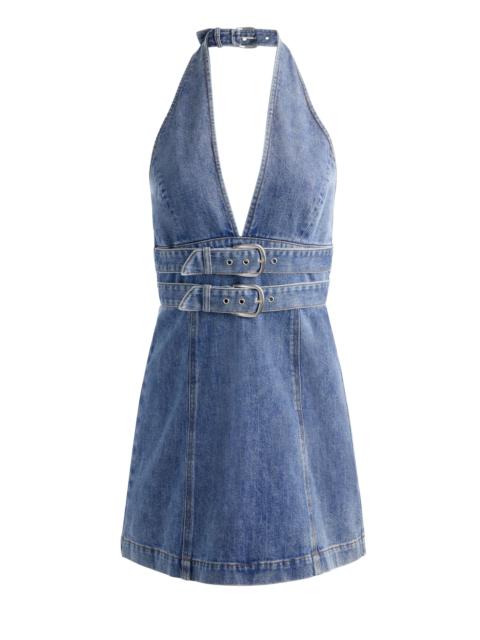 Alice + Olivia SOLANA BUCKLE DENIM HALTER MINI DRESS