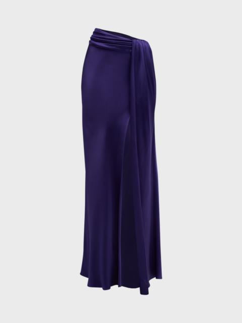 LAPOINTE Asymmetric-Waist Draped Slit Satin Maxi Skirt