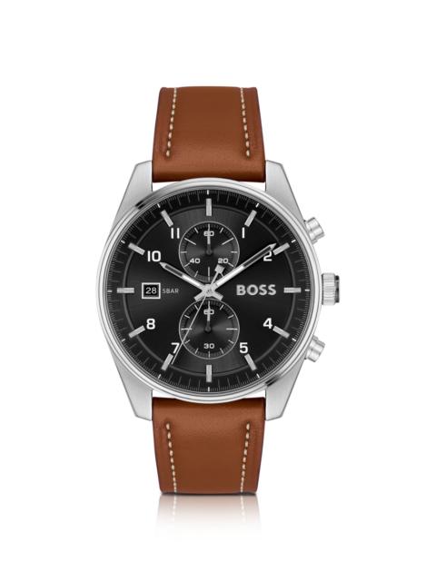 BOSS BLACK-DIAL CHRONOGRAPH WATCH WITH BROWN LEATHER STRAP