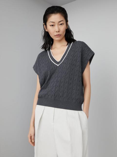 Cotton cable knit sweater with shiny contrast trims