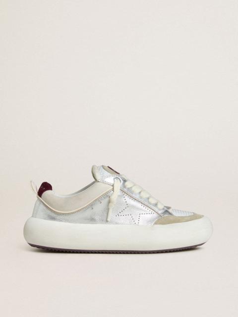 Women’s Space-Star Cube in ice-gray and silver leather with burgundy heel tab