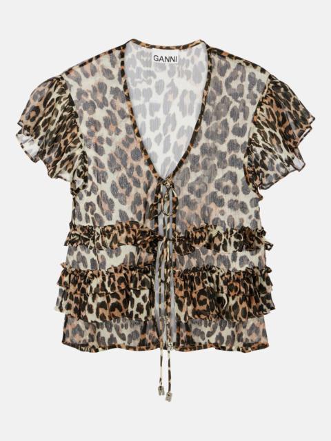 GANNI Leopard-print ruffled chiffon blouse