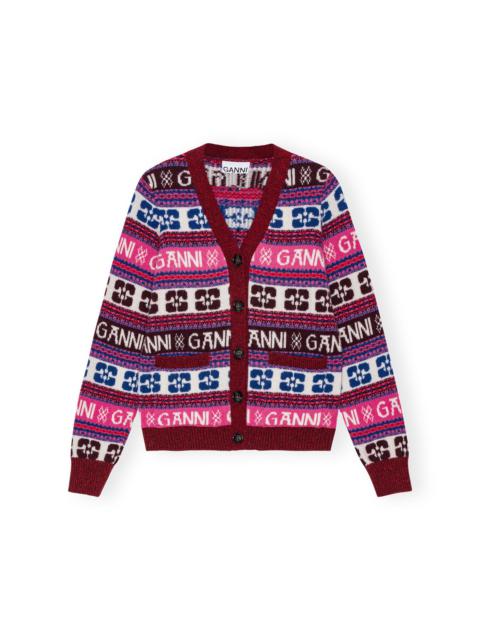 GANNI PINK LOGO WOOL MIX CARDIGAN