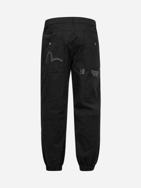 EVISU SEAGULL APPLIQUÉ EMBROIDERY AND SLOGAN PRINT RELAX FIT CARGO PANTS