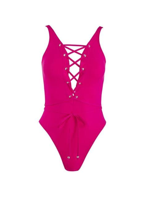 Alaïa Fuchsia lace-up one-piece swimming costume with logo