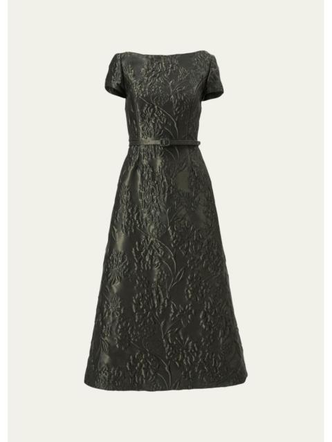 CAROLINA HERRERA Boat-Neck Floral Textured Jacquard Belted Midi Dress