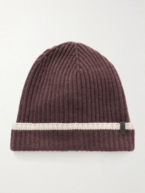 Brunello Cucinelli Embellished striped ribbed cashmere beanie Brown