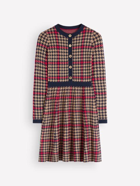 BODEN Crew Neck Jacquard Dress-Navy, Camel, Red Check