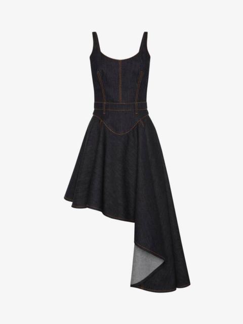Women's Asymmetric Drape Denim Dress in Dark Navy