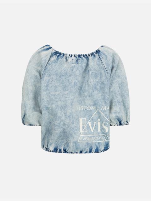 EVISU PUFF-SLEEVES CROPPED DENIM BLOUSE