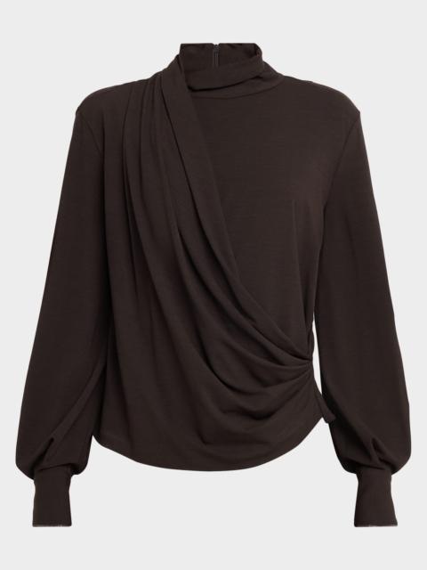 Brunello Cucinelli Turtleneck Draped Long-Sleeve Blouse